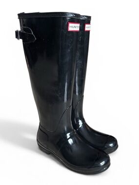 Hunter Original Tall Rain Boots Glossy Black Buckle Waterproof Size 8